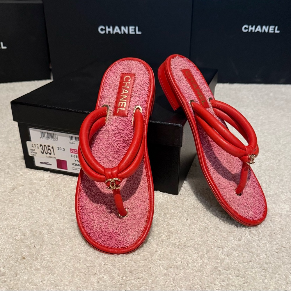 Red and Pink Chanel Thong Sandals. Size 9.5